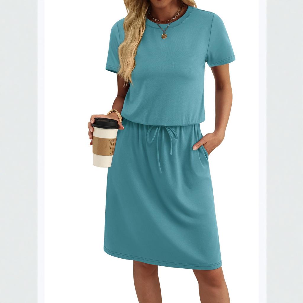 Letnie Sukienki Damskie Modne Krótki Rękaw Dekolt Okrągły T-shirt Sukienki Codzienne Wiązanie w Pasie Z Kieszeniami