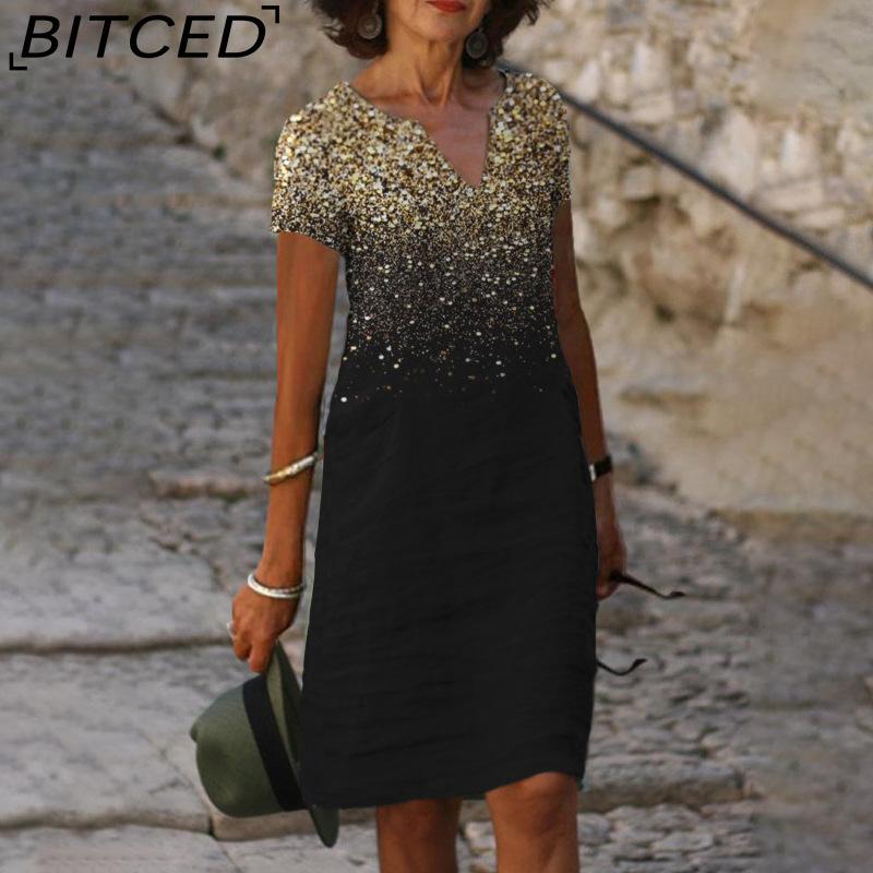 BITCED Spring/Summer Women s Fashion: Trendy Printed V-Neck Short-Sleeved Dress S