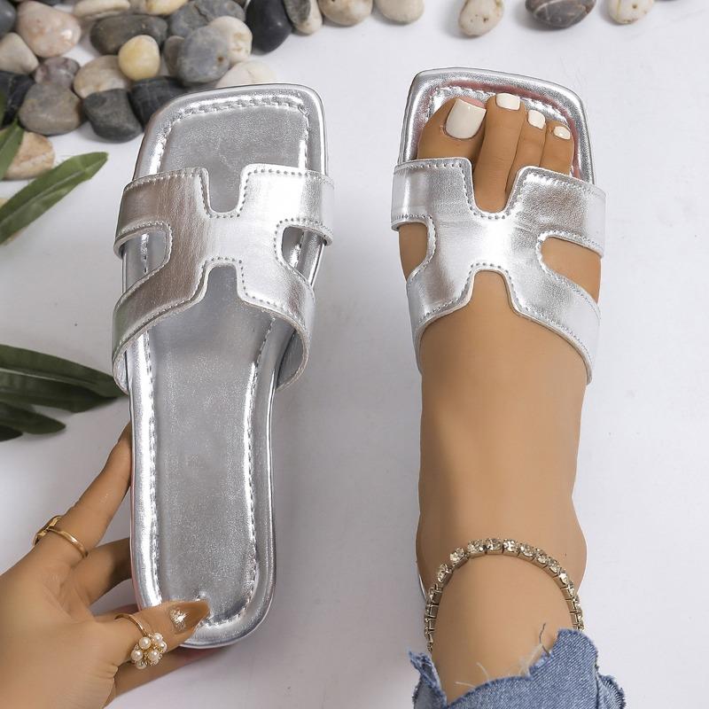 New square-headed open-toed versatile non-slip simple one-word slippers flat-bottomed fashionable beach slippers women