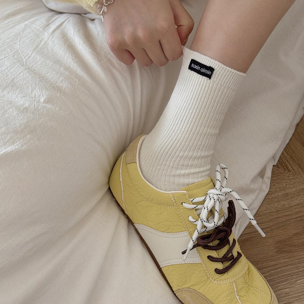 Women's Double Needle Vertical Stripe Slouch Socks - Soft Cotton, Mid-Calf, Casual, Japanese Style.