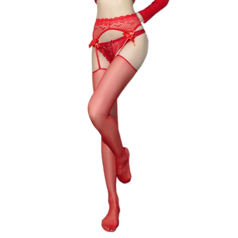 Womens See Through Thigh High Stockings with Garter Belt Lace Top Bowknot Sheer Pantyhose Open Crotch Suspender Tights
