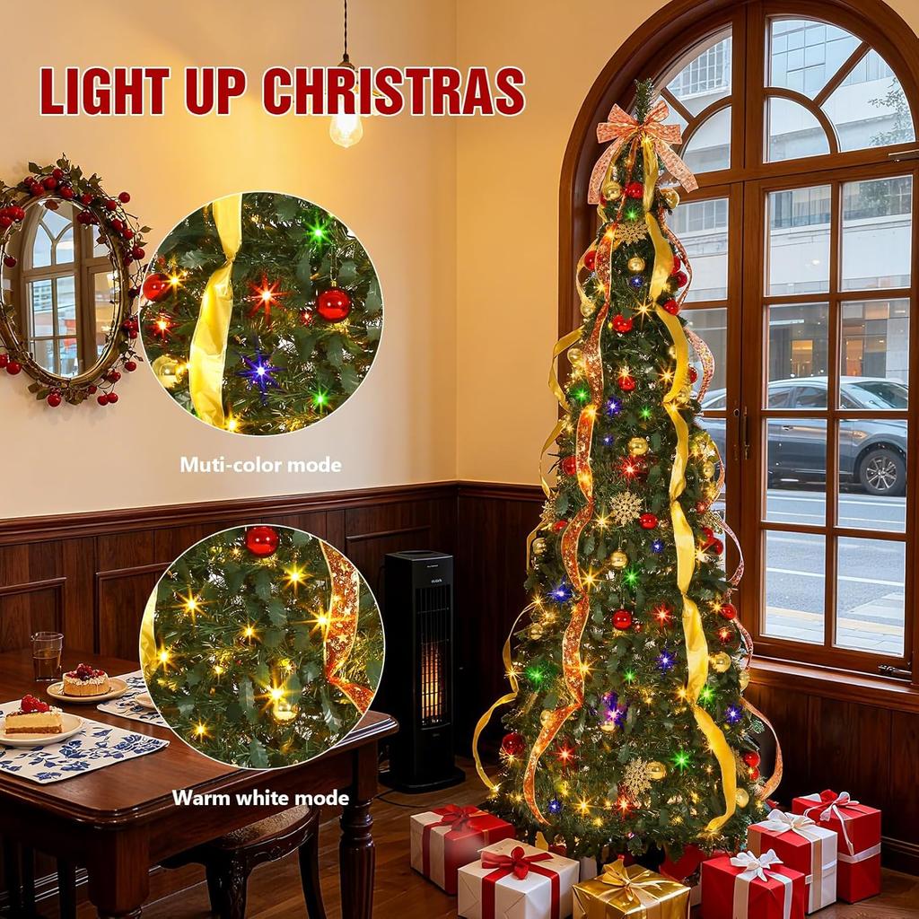 7ft Pre-Lit Christmas Tree with 200 Lights, Foldable & Easy Setup for Holiday Party