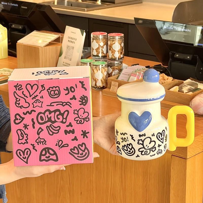 High-value design mug, niche ceramic cup with lid, girls' birthday gift, large-capacity milk coffee cup