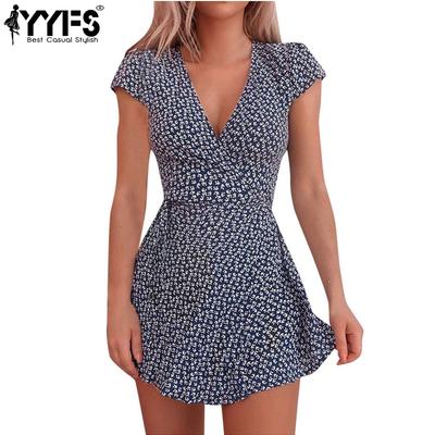 Kadın Moda Yaz Bahar Çiçek Desen Baskı Kısa Kollu V Yaka Yüksek Bel Günlük Elbiseler