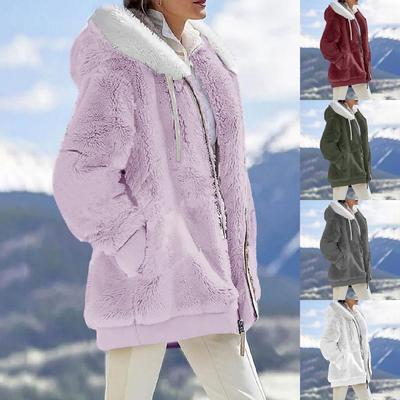Abrigo con capucha y bolsillo con cremallera de manga larga de felpa suelta de invierno sólido a la moda para mujer
