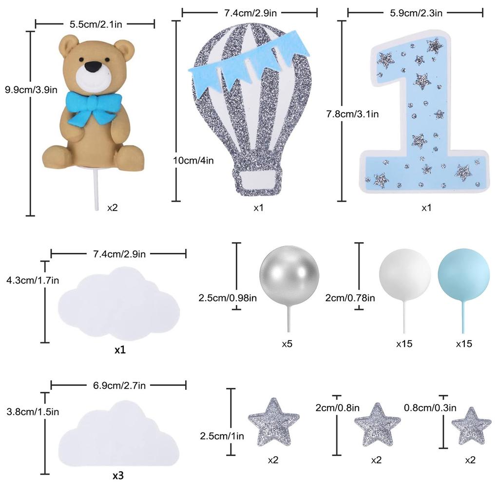 49Pcs 3D Twin Blue Bears Balls Clouds Glitter Stars Cake Decoration for Boy Birthday Baby Shower Teddy Bear Theme Party Supplies