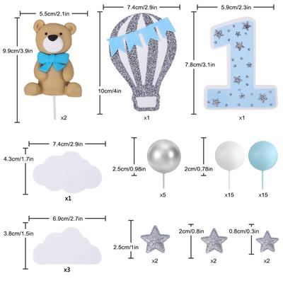 49 Peças 3D Ursos Gêmeos Azuis Bolas Nuvens Glitter Estrelas Decoração de Bolo para Aniversário de Menino Chá de Bebê Suprimentos para Festa com Tema Ursinho de Pelúcia