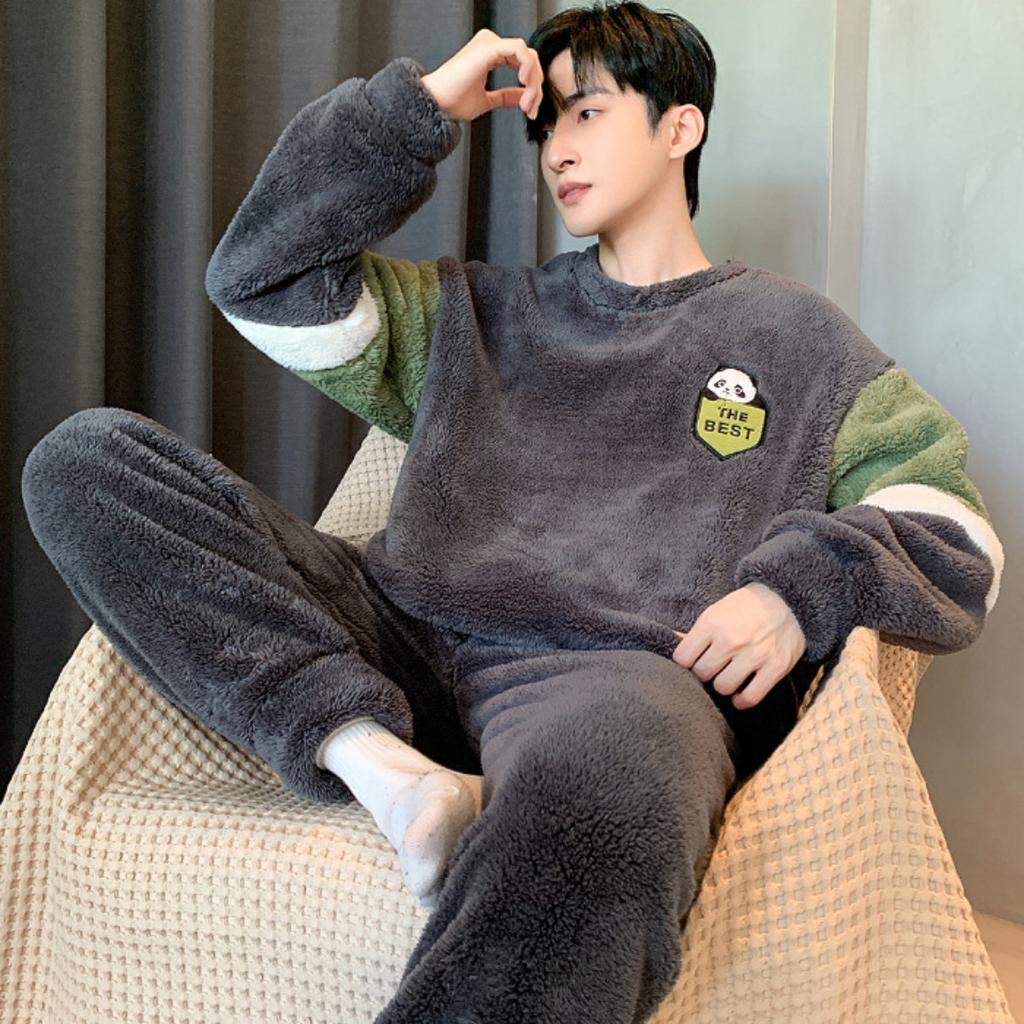 Winter, Coral Fleece, Pajamas, Men's Clothing, Thickened Fleece, Round Neck, Long Sleeved Pants, Suits, Home Clothes