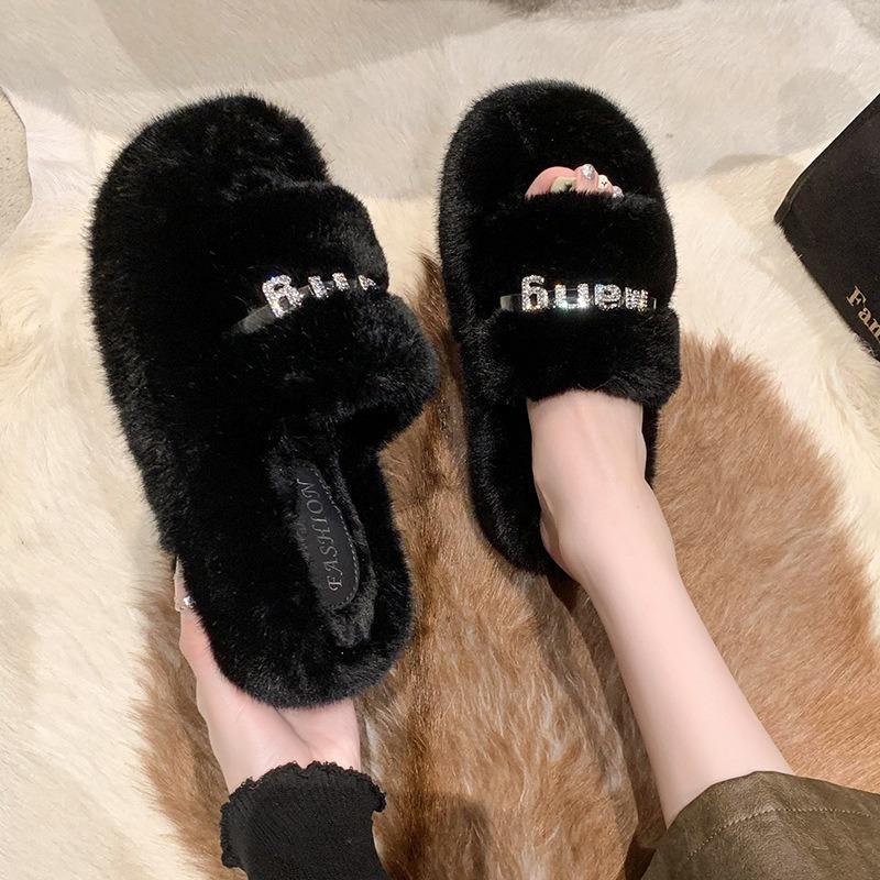 Premium sense versatile fluffy slippers women's autumn and winter new outer wear thick bottom heightening one-word cotton mop