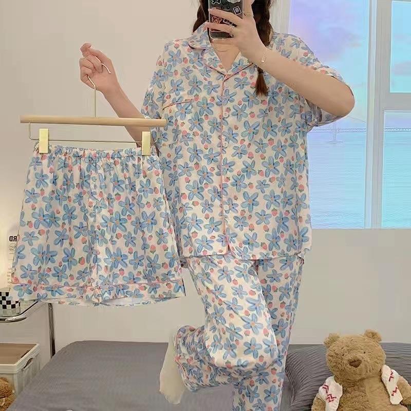 

Женская пижама из трех предметов, летняя новинка, длинные брюки с короткими рукавами, милый и милый ветер, улучшенное чувство комфорта, домашний костюм free40-75kg синий