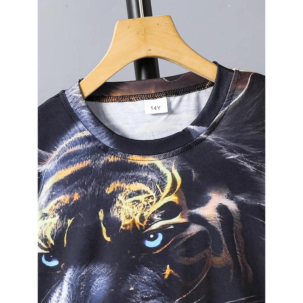 Boys' Casual 3D Lightning Tiger Print Round Neck Set, Short Sleeved Two-piece Set, Suitable for Outdoor Sportswear