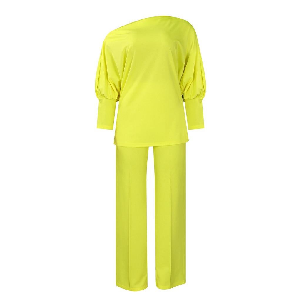 Women's Autumn Fashion Solid Slant Neck Top with Wide Leg Pants Set