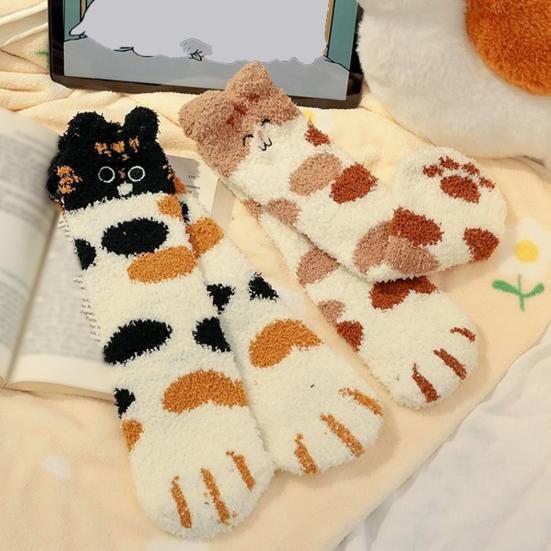 Fuzzy Sleep Socks Warm Cute Cat Plush Socks Stretchy Breathable Winter Indoor Socks