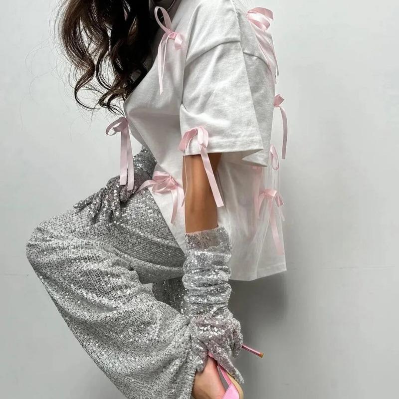 Tricou decorativ cu fundă retro din bumbac liber, design de modă de vară, cu mânecă scurtă, tricouri cu gât turnut, maiuri casual