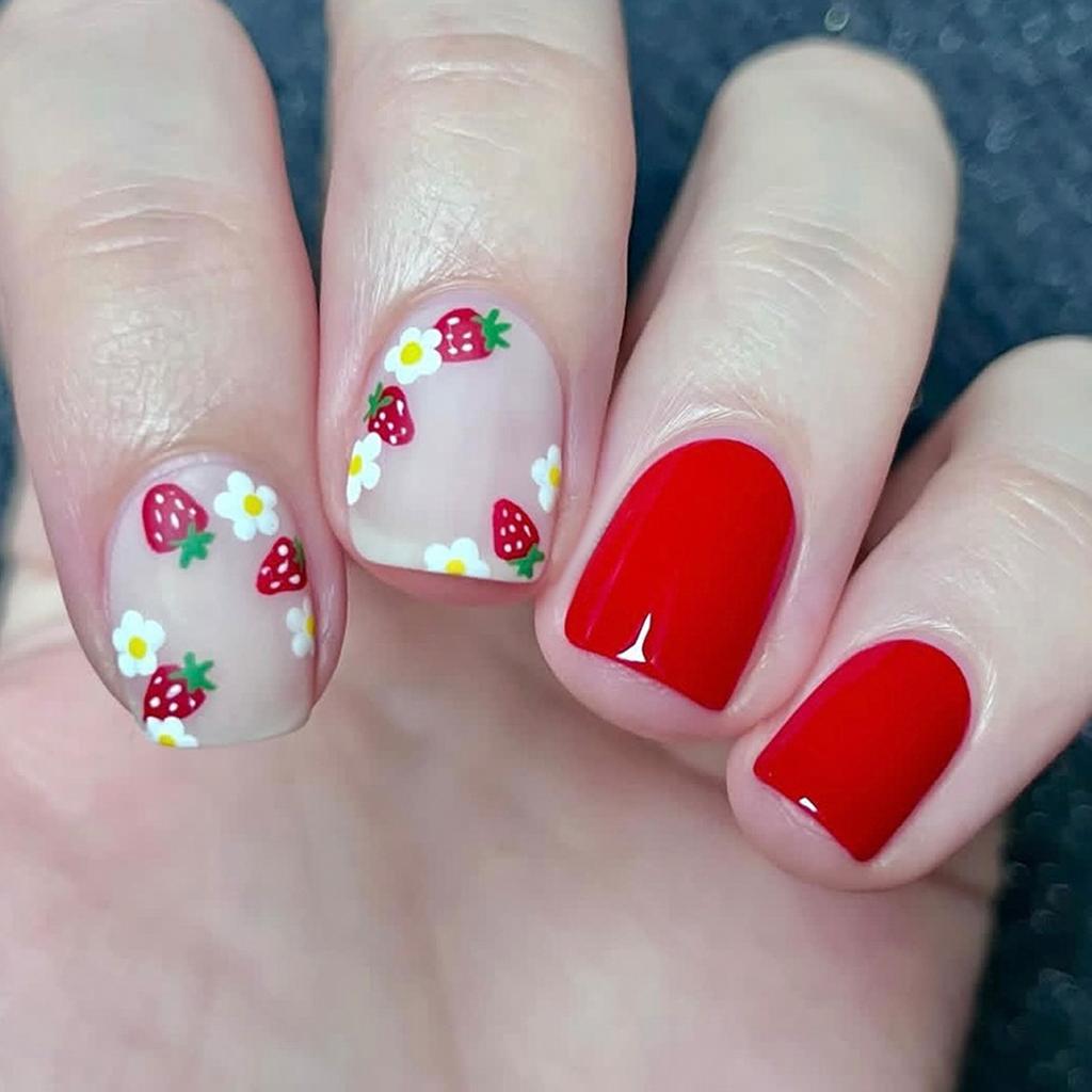 24 Stück Kurze Quadratische Aufpressnägel mit Erdbeer-Blumen-Designs Falsche Nägel Aufklebenägel Vollständige Abdeckung Acrylnägel