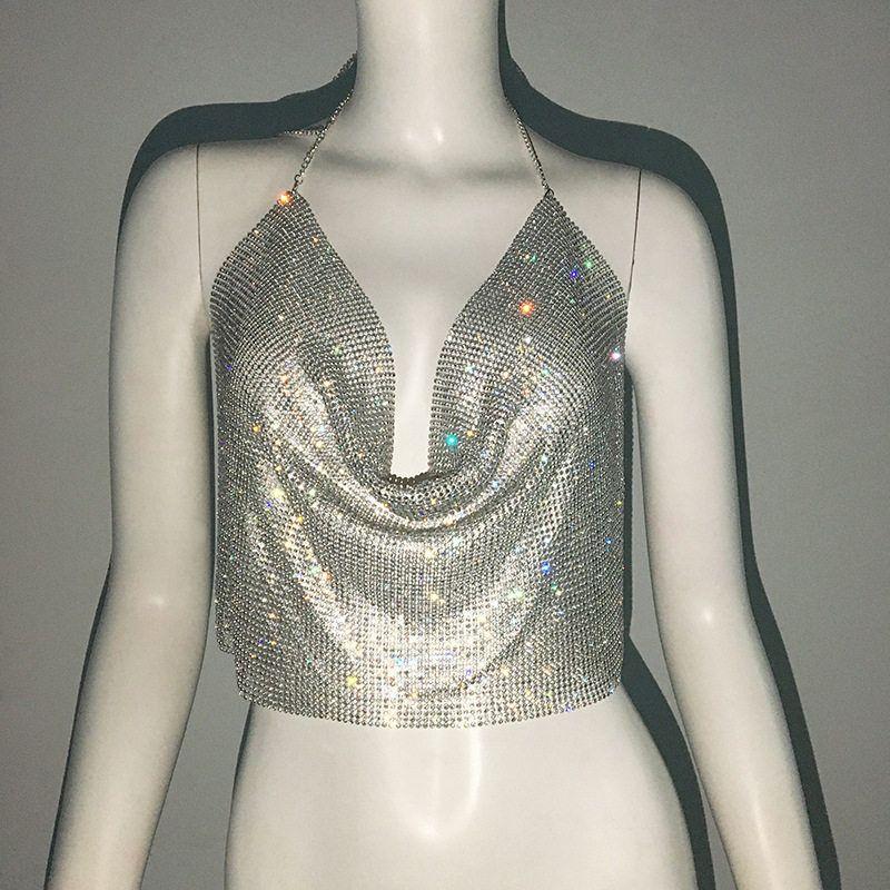 and American Cross-Border Popular Women s Clothing: Sweet and Spicy Tops, Metallic Sequin Camisoles, Sexy Chain Rhinestone Halter Neck Tank Tops Silver S