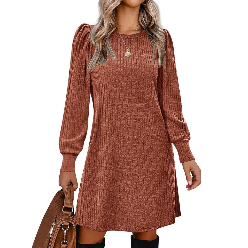 Womens Puff Long Sleeve Dress Casual Knit Crewneck Knee Length Dresses With Pockets
