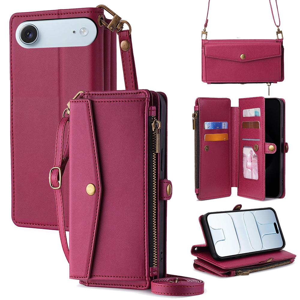 For iPhone Air Case Card Slots Zipper Purse PU Leather Phone Cover with Shoulder Strap