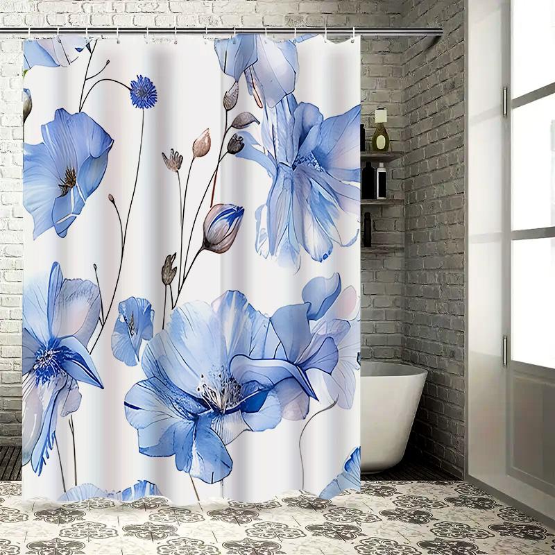 Blue Floral Shower Curtain for Bathroom - Waterproof and Durable Design Easy to Clean and Decorate Your Space Complimentary hook