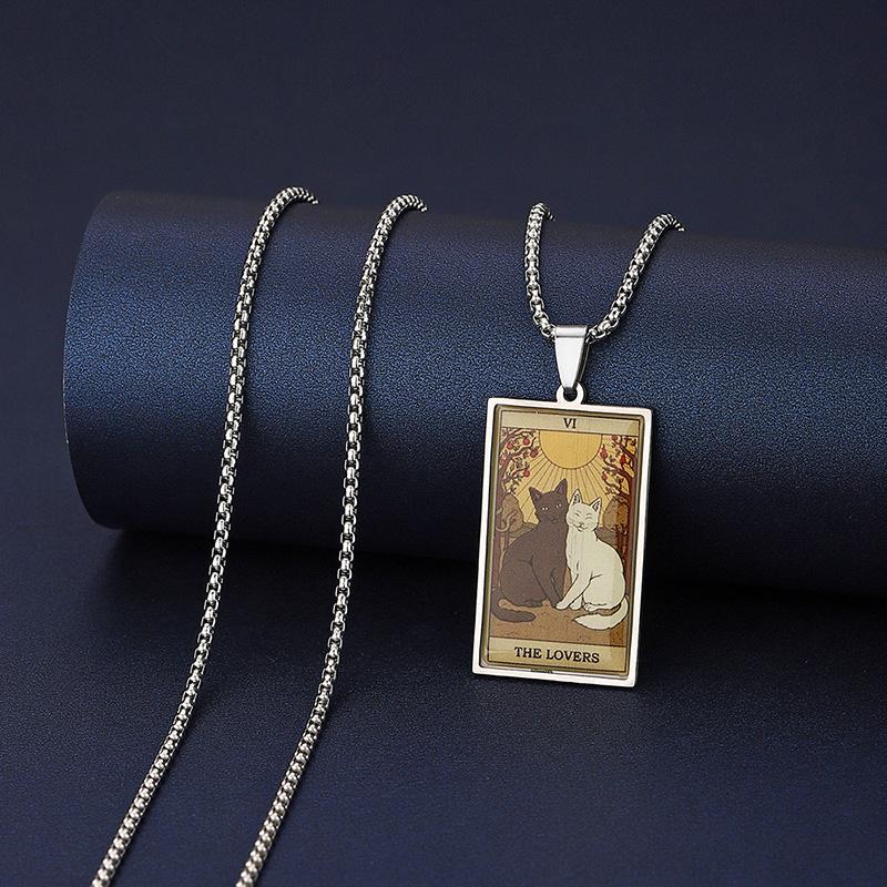 Stainless Steel Epoxy Cat Tarot Card Pendant Necklace For Men Boys Animal Divination Jewelry