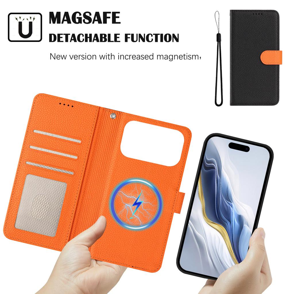 For iPhone 17 Pro Leather Case Detachable Wallet Magnetic Phone Cover with Hand Strap