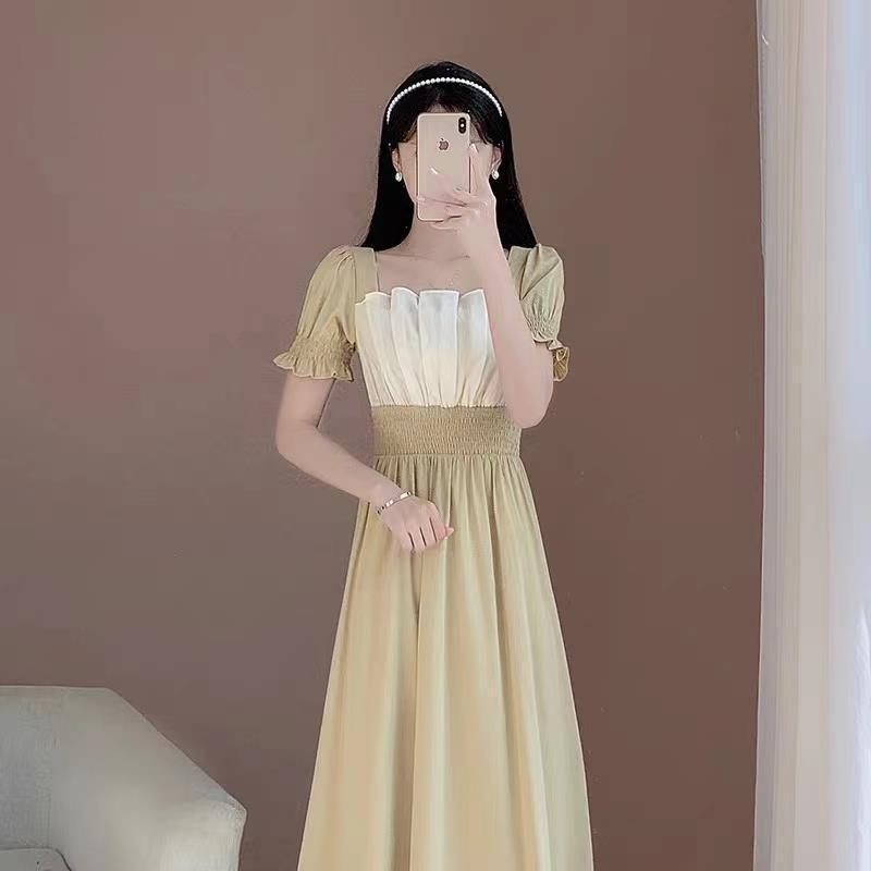 Damen Sommer Französisch Inspiriertes Schlankmachendes Taillenlanges Kleid