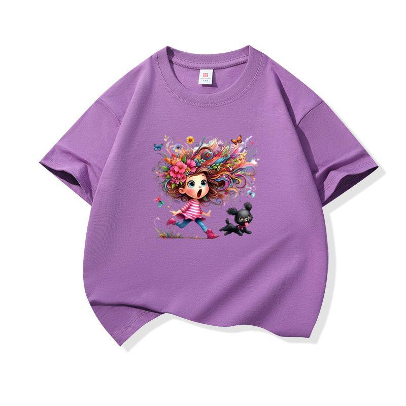 Kids Cotton T Shirt Colorful Hair Girl Running With Black Puppy Print Crew Neck Short Sleeve Tee Casual Boys Girls Summer Tops