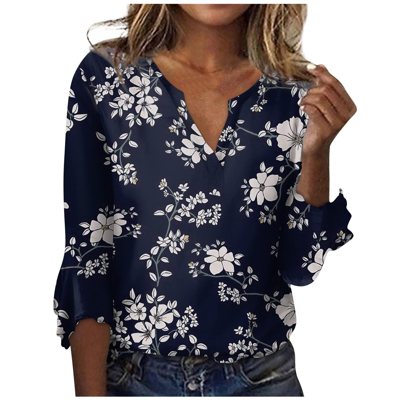 

Женская мода Свободная повседневная футболка с рукавами из семи частей и v-образным вырезом с принтом колокольчиков Топ XXXL тёмно-синий