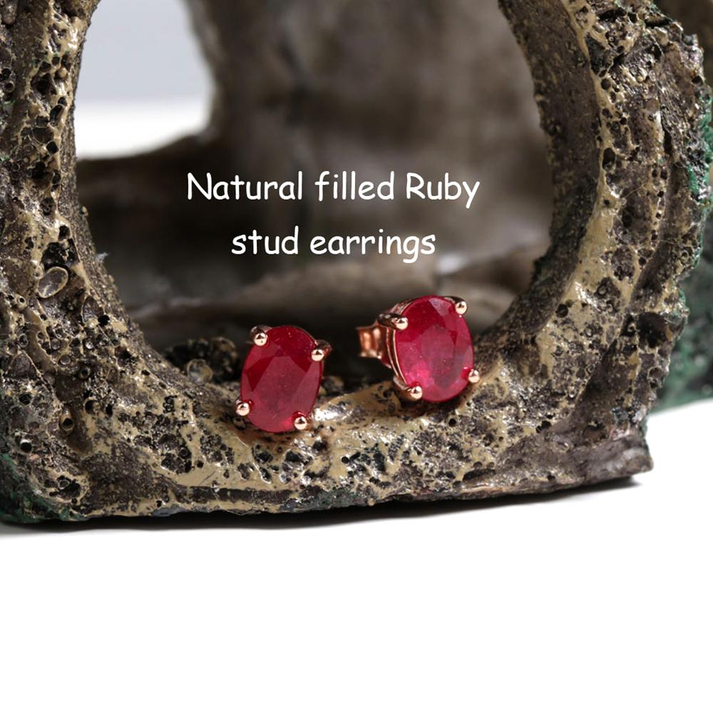 Simple Design 925 Sterling Silver Stud Earrings Natural Filled Ruby Oval 5*7mm Real Gemstones Fine Jewelry for Women's Birthday Gift
