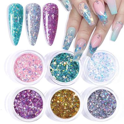 6 Renk Seti Nail Art Glitter Toz Toz Sparkly Payetler Holografik Gevreği Charm Takı Jel Lehçe DIY Dekorasyon Kadınlar için