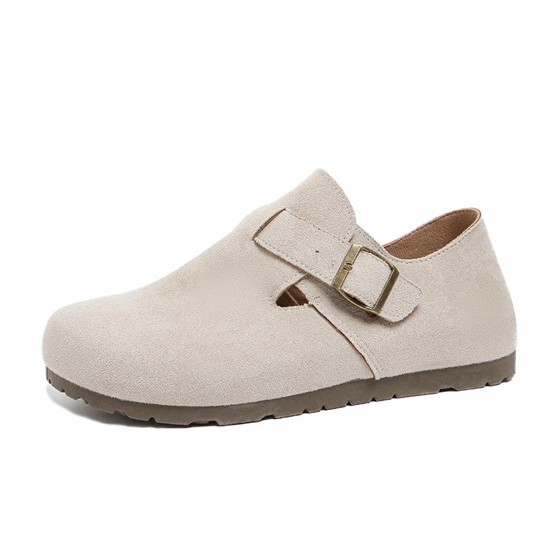 Women's Suede Flat Mules, Casual Buckle Strap Closed Toe Loafers, Retro Minimalist Slip-on Shoes for Spring Autumn Daily Wear
