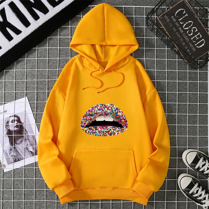 Fashion Lips Print Women Hooded Sweatshirt Casual Long Sleeve O Neck Loose Women Ladies Hooded Tops Clothes