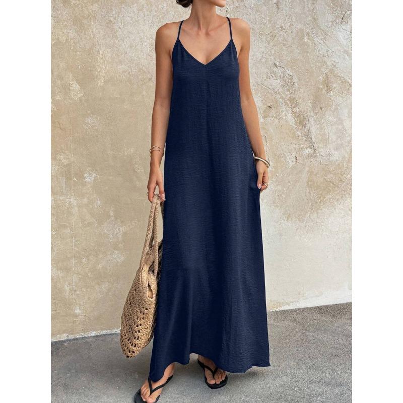 Damen Mode Lässig Einfarbige V-Ausschnitt Rückenfrei Ärmelloses Cami Langes Kleid
