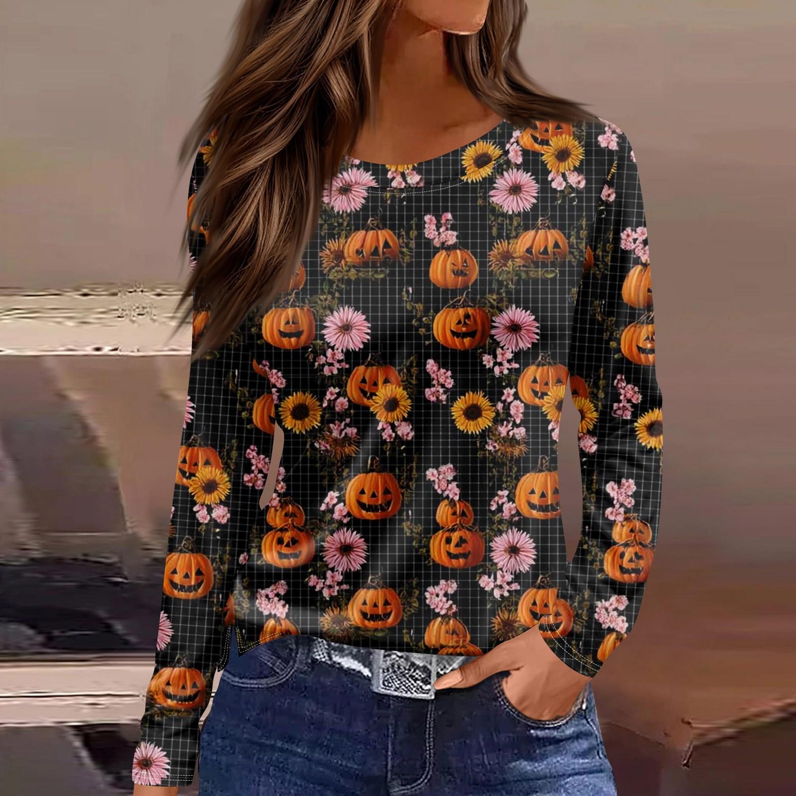 

Women s Fashion Hem Slit Casual Halloween Printed Round Neck Long Sleeve Top S Темно-синій
