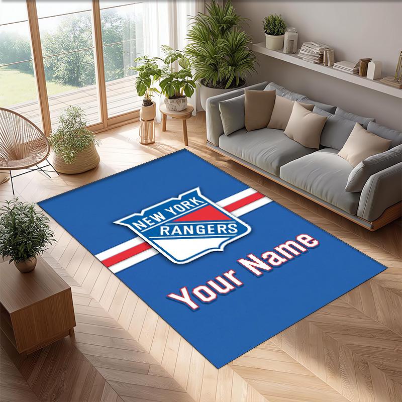 New York Rangers Crystal Velvet Rug, Custom Name Text Personalized Non‑Slip Floor Mat for Home Decor Gift