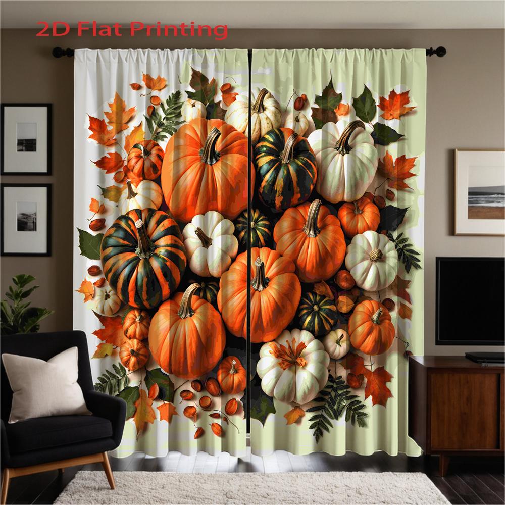 Piece Set High Definition Digital Printed Curtainsautumnpumpkinsorangewhiteleavesfallstylehome Decoration Style Curtain Made Of Polyester