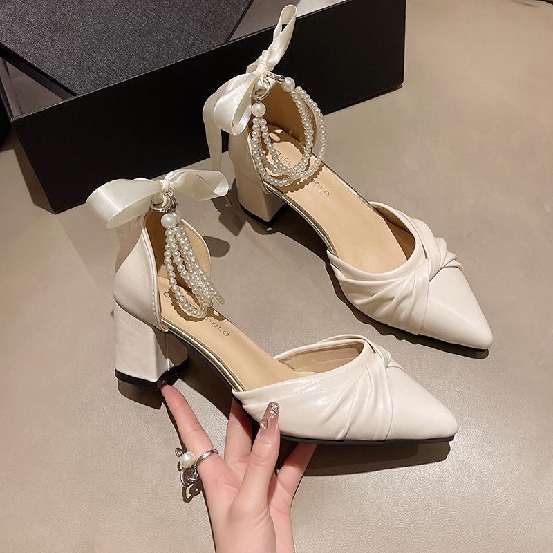 Baotou sandals women's medium heel summer new pearl bow thick heel pointed high heel single shoes