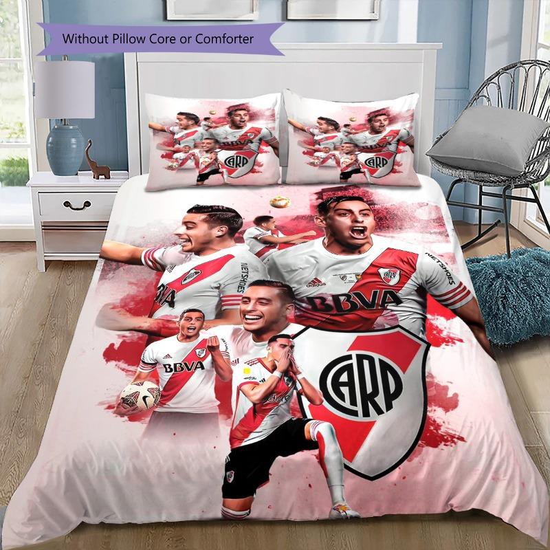 River Plate FC Black Background Red White Horizontal Stripe Shield Crest Bedding Set Argentine Soccer Duvet Cover Football Fan Bedroom Decor Bedding