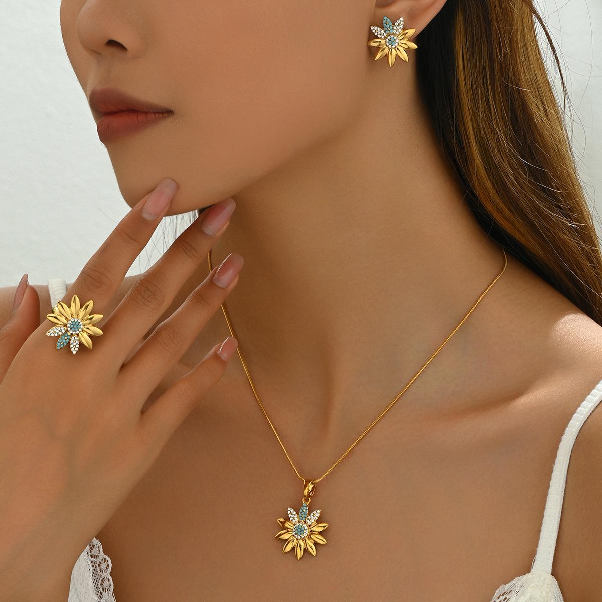 

Горячая Распродажа Простой Модный Инкрустированный Бриллиантами Женский Ожерелье Кольцо Комплект Ювелирных Изделий Персонализированные Серьги Подсолнух