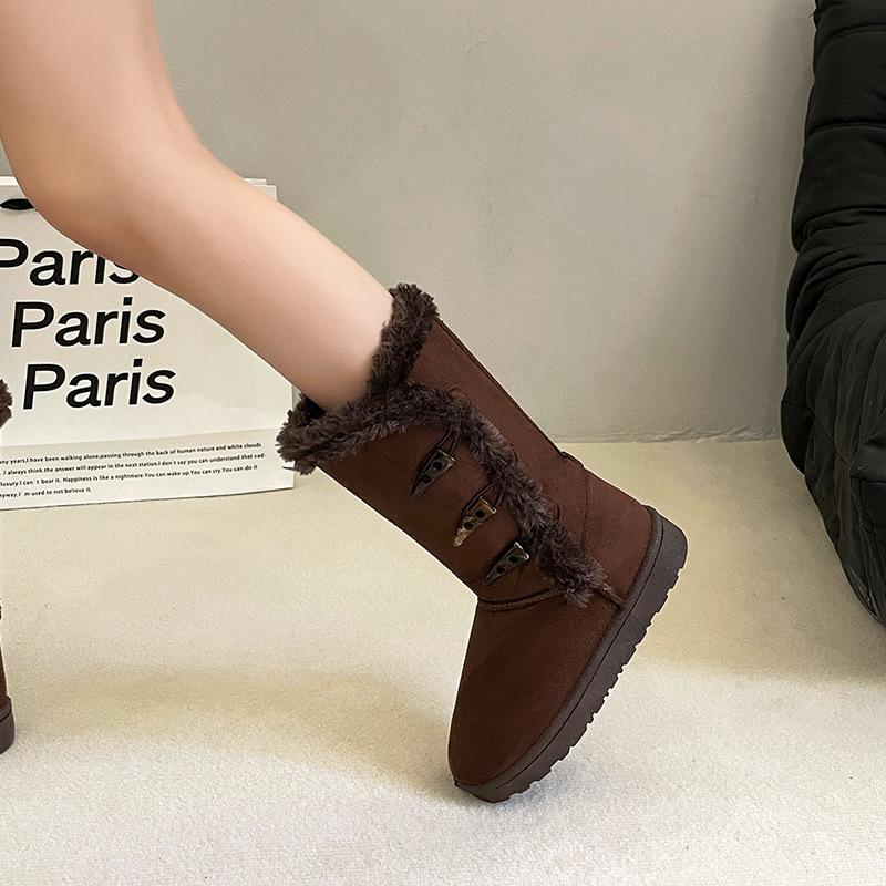 Foreign Trade Large Size Medium Tube Cotton Shoes for Women's Winter New Thickened Warm and Fluffed Button Snow Boots for Women