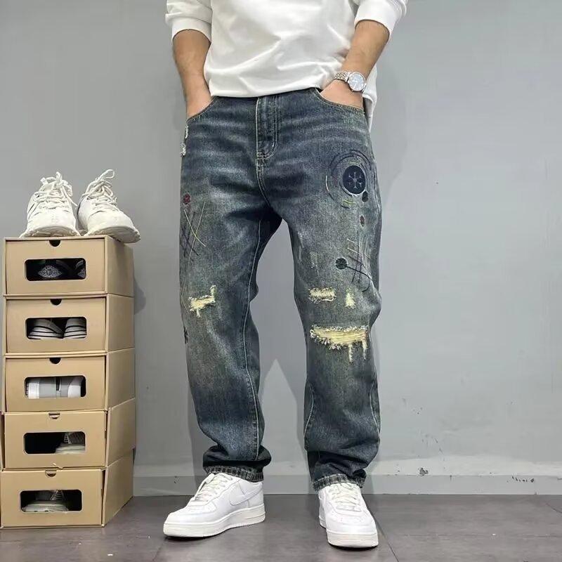 Washed Distressed Ripped Patched Embroidered Jeans Men's Slim Tapered Straight Leg Pants High Street Cool Baggy Trendy Trousers