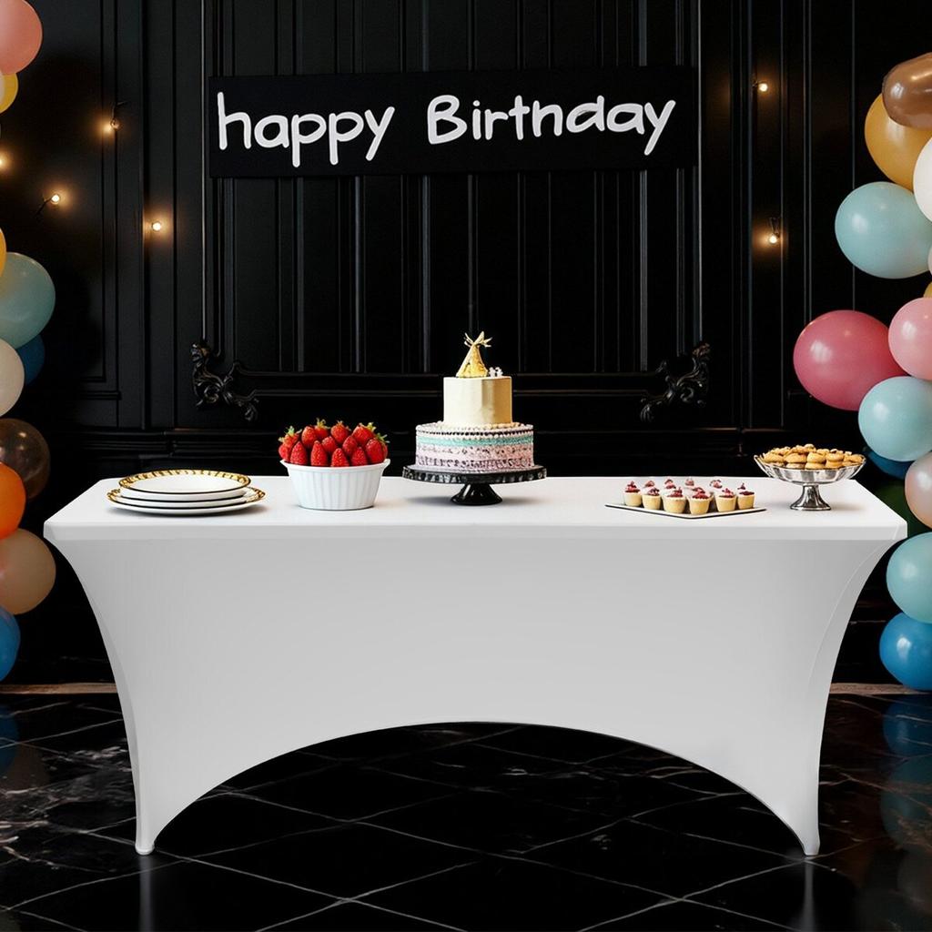 6 Pack Table Cloth for 8FT Rectangular Fitted Events, Wrinkle-Resistant Stretch White Table Covers, Washable Spandex Tablecloth Protector, for Party,