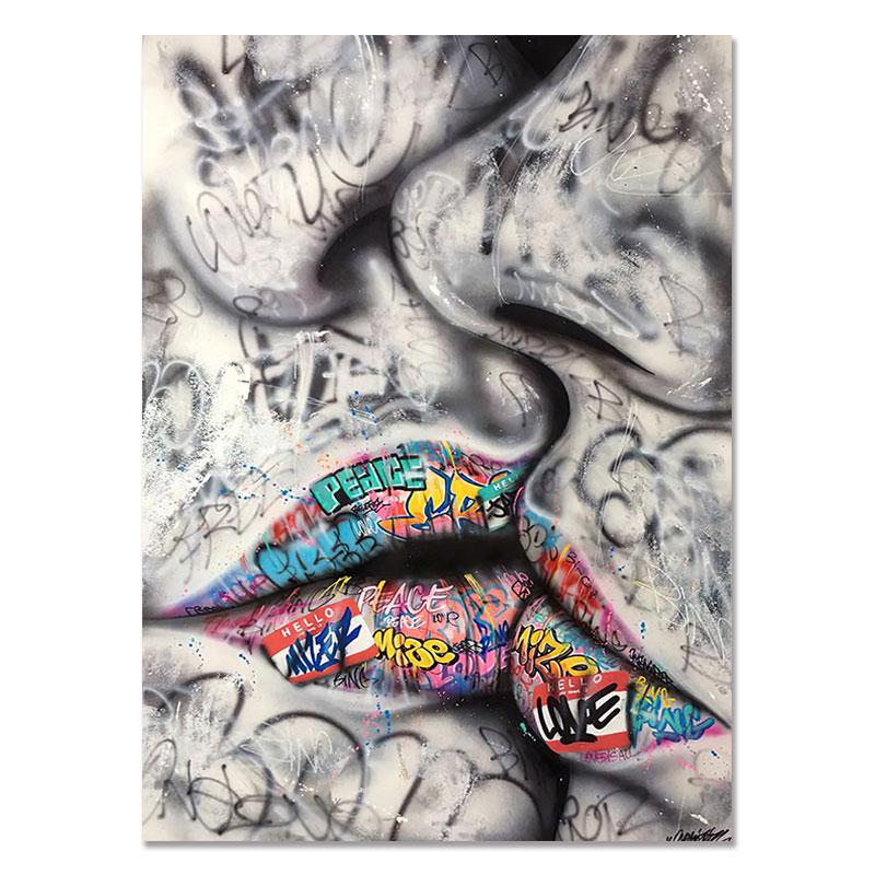 Abstraktní pouliční graffiti umělecká grafika Milovník líbání Malba na plátně Plakáty a tisky Ruční obraz na zeď do obývacího pokoje Home Decor