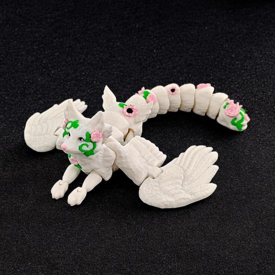 3D Printed White Fox Figurine Movable Joints Winged Fox Figure Articulated Animal Model Fidget Toy Desktop Decoration Ornament