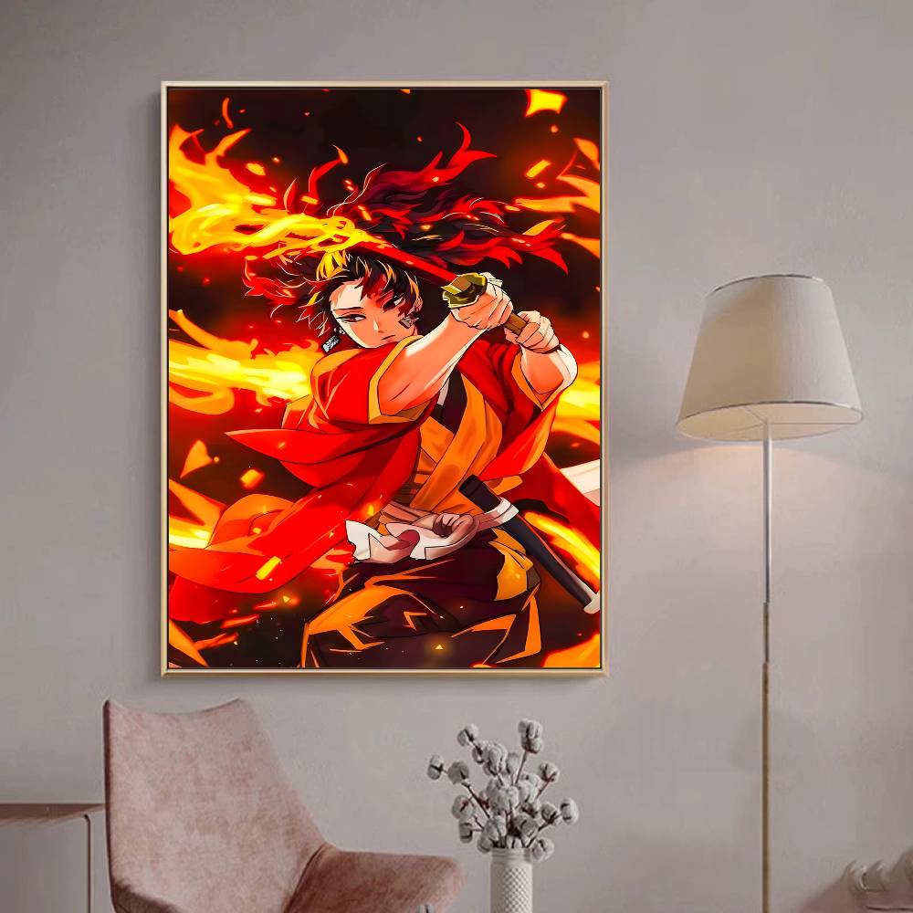 Japanese Anime Demon Slayer Self-adhesive Art Poster Retro Kraft Paper Sticker DIY Room Bar Cafe Stickers Wall Painting