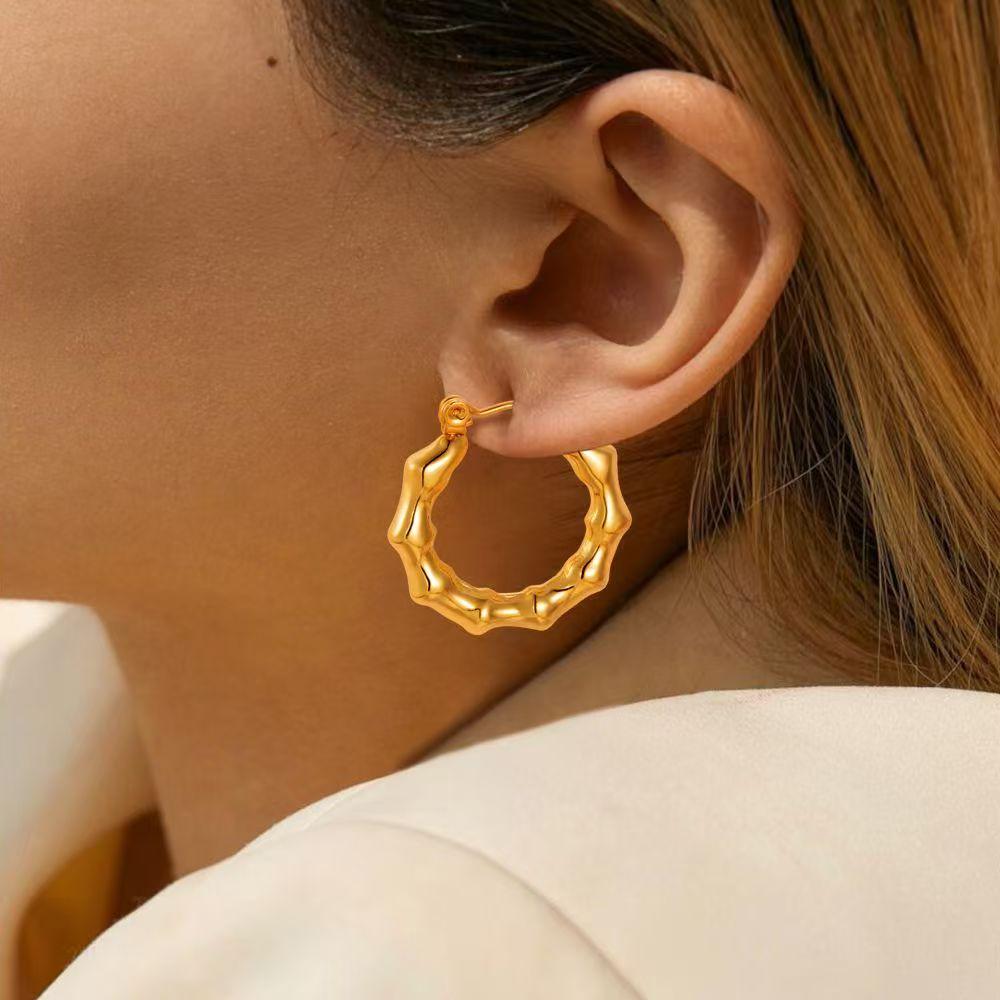 Christmas Gift Stainless Steel 18K Real PVD Gold Plating Bamboo CC Shape Hoop Earrings Waterproof Jewelry for Woman