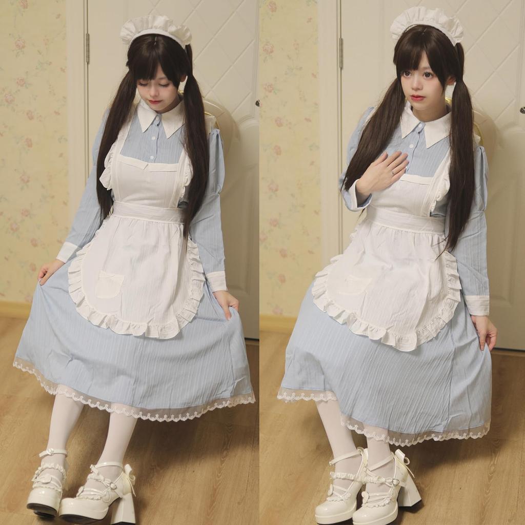 AOTYP Cosplay Halloween Dienstmädchen Kostüm 3 Süßes Lolita Vergnügen Große Größe 3XL Set, Farben, Kleid, Uniform, Moe, Damenkleid, Café, Park, Ärmel, Blau,