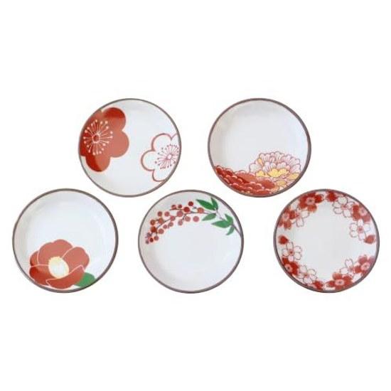 Saikaitoki Hasami Ware Akai-e Hanamon Small Plate Set 5 Designs