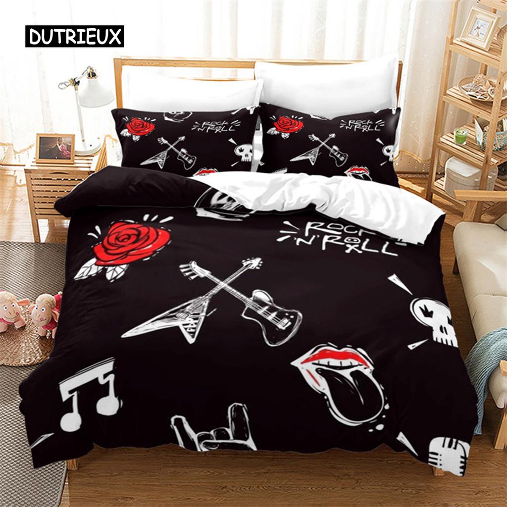 Guitar Queen Duvet Cover Rock Music Theme Bedding Set Grunge Color Splashed Brick Wall Background Electronic Guitar Mics Design