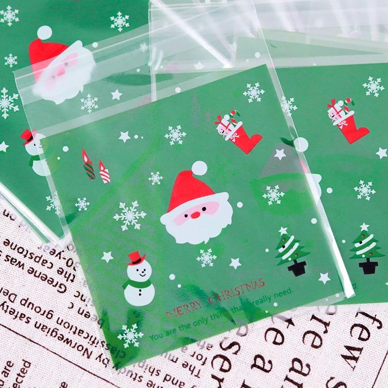 100pcs Christmas Cookie Candy Bags Self Adhesive Gift Packaging Biscuit Snack Bag New Year 2024 Noel Navidad Xmas Party Decor